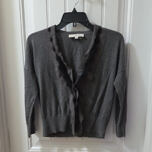 LOFT Charcoal Gray Ruffle-Trim V-Neck Cardigan